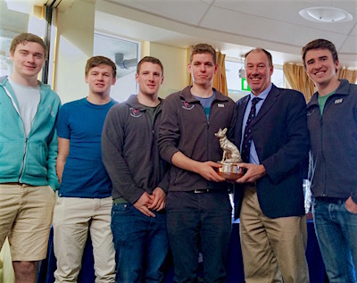 The Howth K25 Team with the Silver Fox Trophy - L to R: Cian Manley, Luke Malcolm, Gordon Stirling, Cillian Dickson, Commodore Brian Turvey and Sam O'Beirne