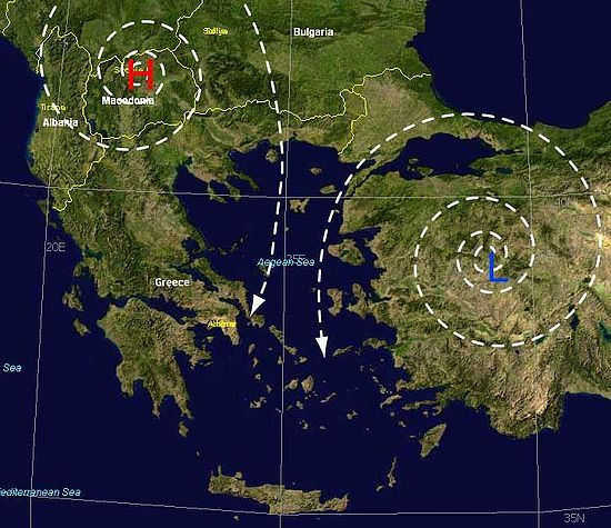 Meltemi occur when high pressure (H) forms over the Balkans and low pressure (L) forms over Turkey.
