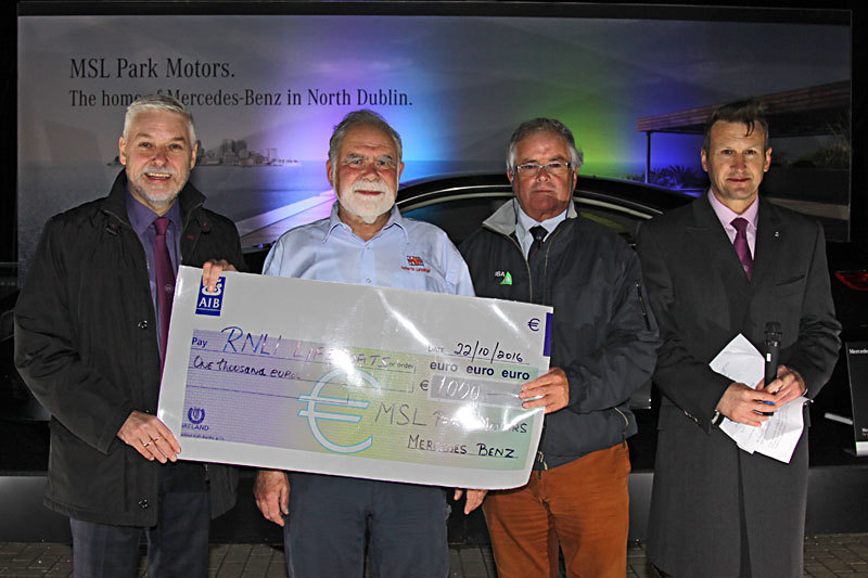 MSL's Brendan Grace presents Rupert Jeffares with a cheque for the RNLI with Commodore Berchmans Gannon and MSL Park Motors Mercedes-Benz Brand Manager Dean Fullston.