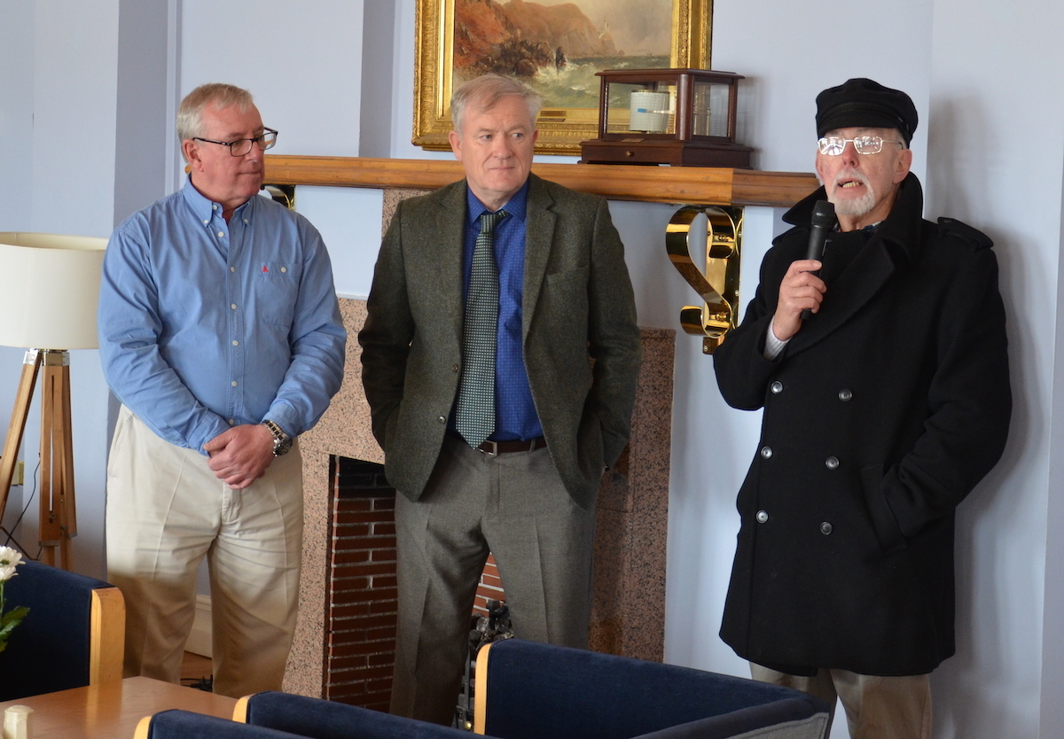 Ian Byrne Commodore, Willie Kearney and Kevin Crothers who donated the "Asgard" perpetual Trophy and who produced the limited edition painting of The "Asgard" for the event